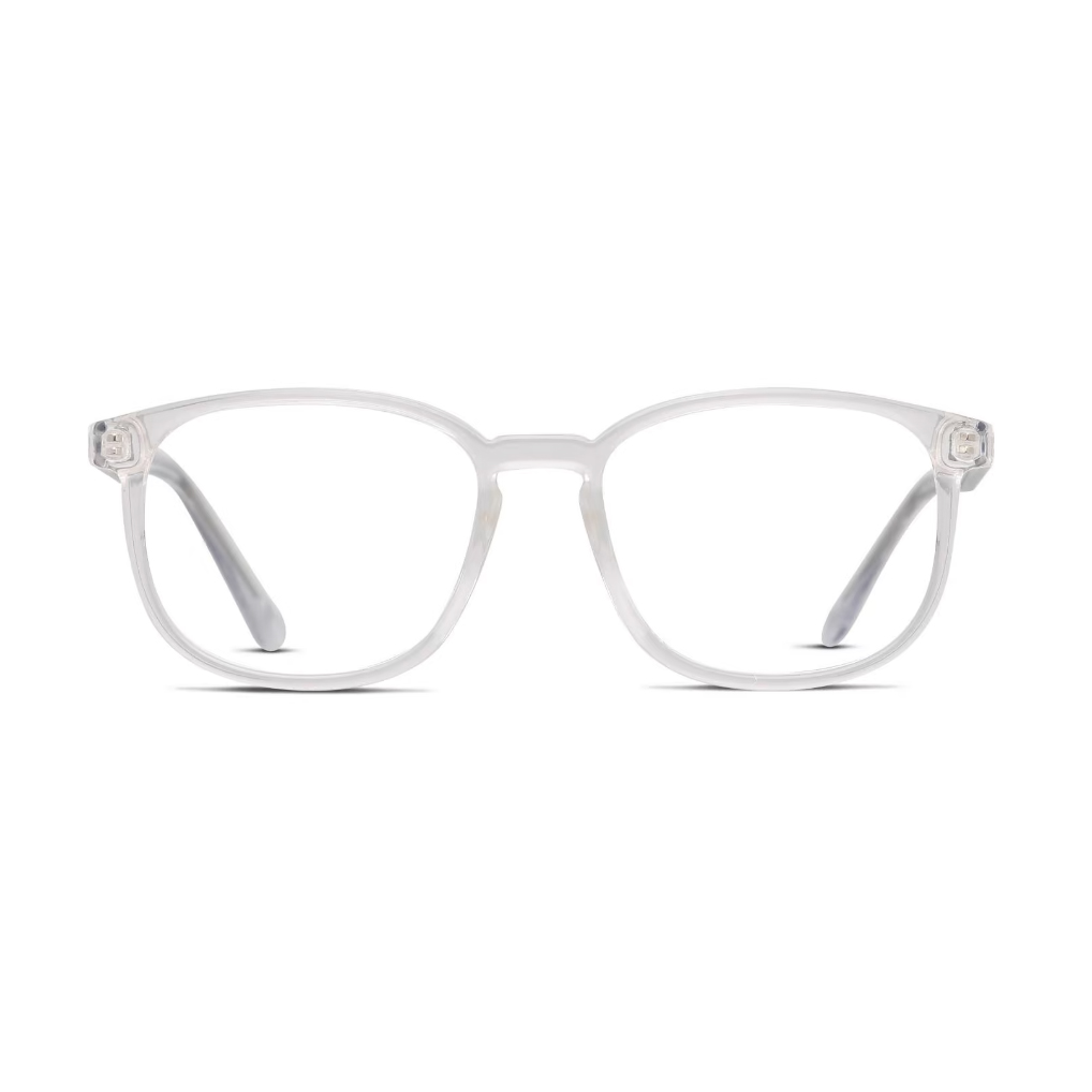 Clear-framed rectangular eyeglasses with a subtly rounded design and thin temples.
