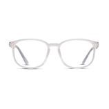 Clear-framed rectangular eyeglasses with a subtly rounded design and thin temples.