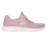 Pink athletic shoe with a mesh upper, white sole, and a logo on the side.