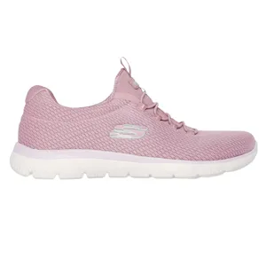 Pink athletic shoe with a mesh upper, white sole, and a logo on the side.