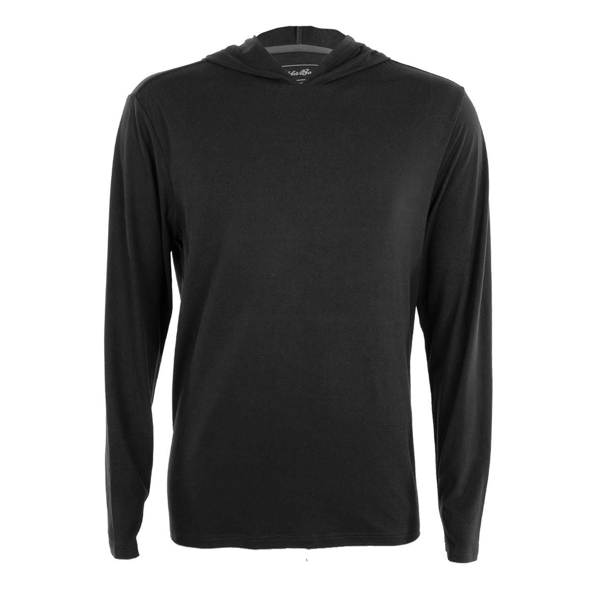 Black long-sleeved men's hoodie with a hood and no visible logos or designs.
