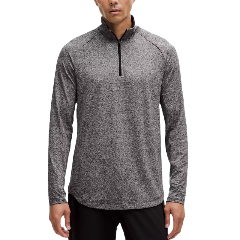 A gray lululemon Drysense Half Zip Jacket with a high collar and long sleeves, featuring a subtle heathered texture and a sleek front zipper, designed for athletic comfort and everyday wear.