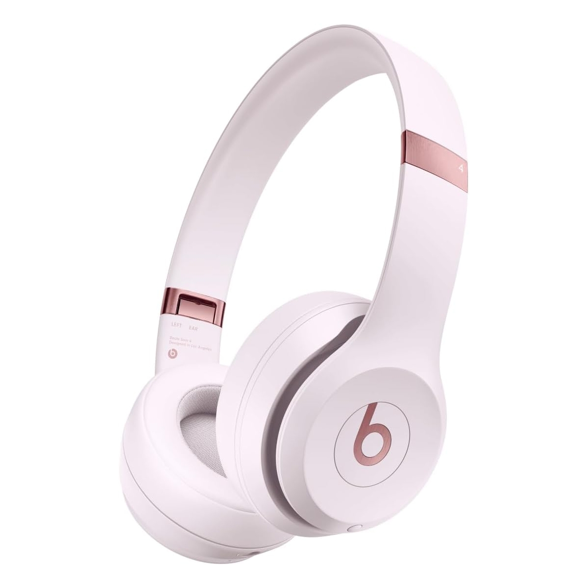 White and rose gold over-ear wireless headphones with a logo on the earcups.