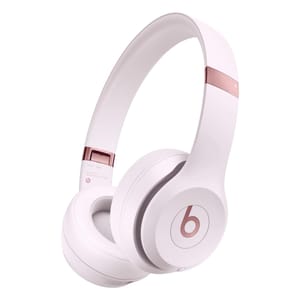 White and rose gold over-ear wireless headphones with a logo on the earcups.