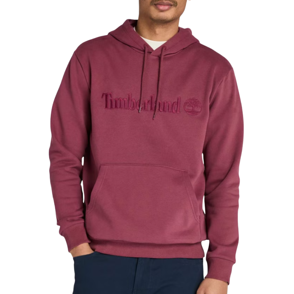 A maroon Timberland hoodie featuring an embroidered logo, drawstring hood, and a front kangaroo pocket.