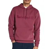 A maroon Timberland hoodie featuring an embroidered logo, drawstring hood, and a front kangaroo pocket.