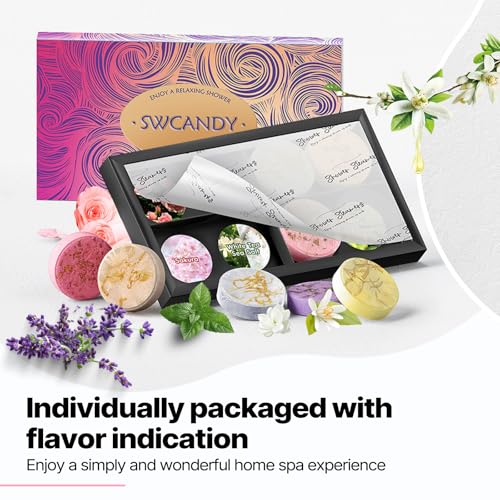 Box of individually packaged bath bombs with various scents for a home spa experience, surrounded by flowers.