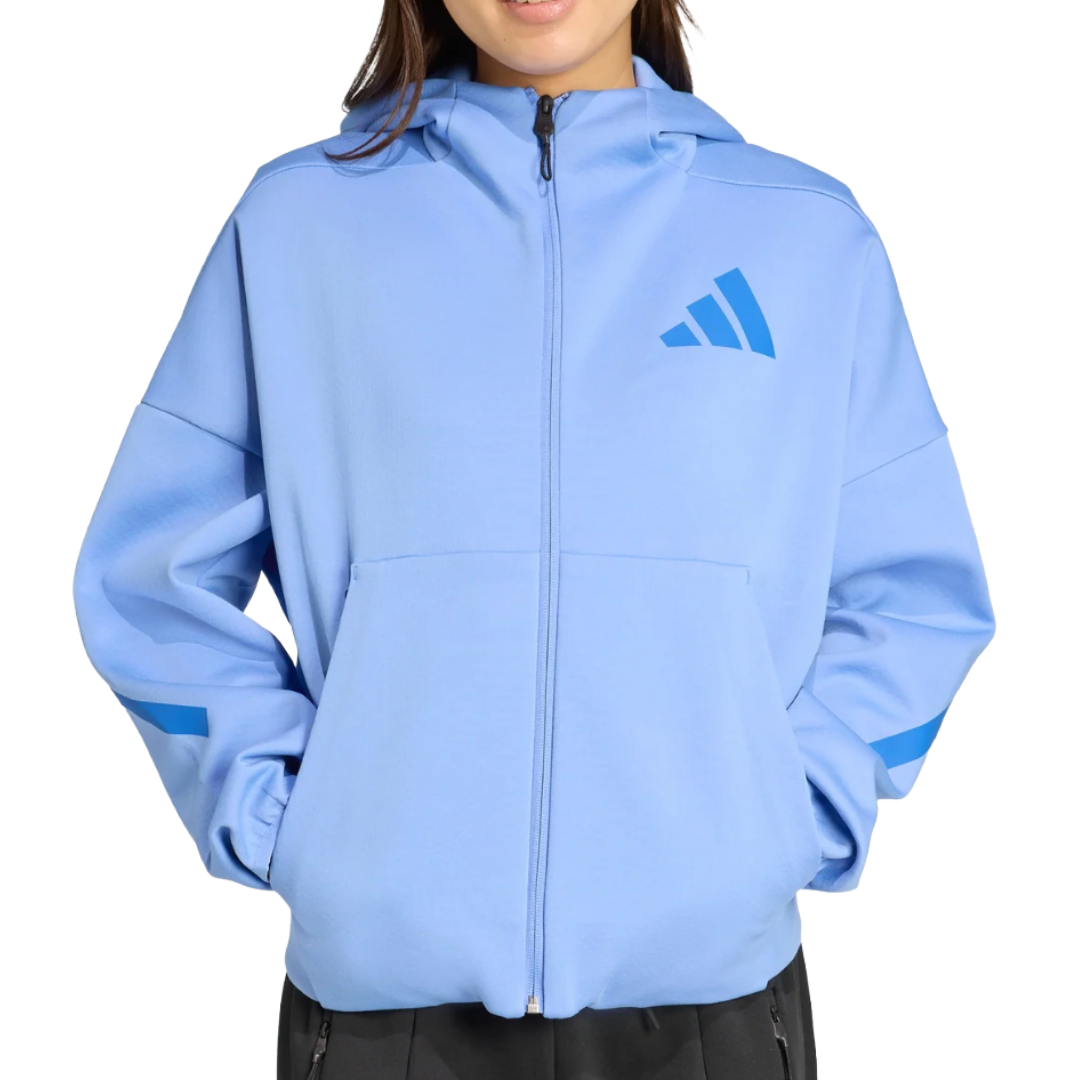 Light blue zip-up hoodie with a hood, featuring a blue geometric logo on the chest and a stripe on the sleeves.