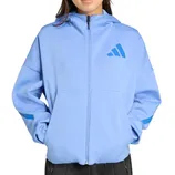 Light blue zip-up hoodie with a hood, featuring a blue geometric logo on the chest and a stripe on the sleeves.
