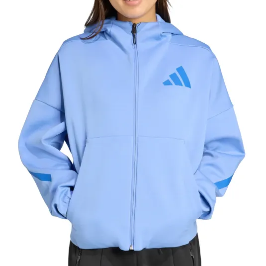 Light blue zip-up hoodie with a hood, featuring a blue geometric logo on the chest and a stripe on the sleeves.