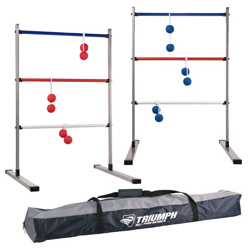 Steel-frame ladder ball set with two targets featuring blue, red, and white rungs, and bolas in red and blue. Includes a carrying bag labeled \“TRIUMPH ALL PRO SERIES.\“