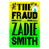 Book cover for \“The Fraud\“ by Zadie Smith, featuring bold black text on a gradient yellow-green background with decorative elements and a lion illustration.