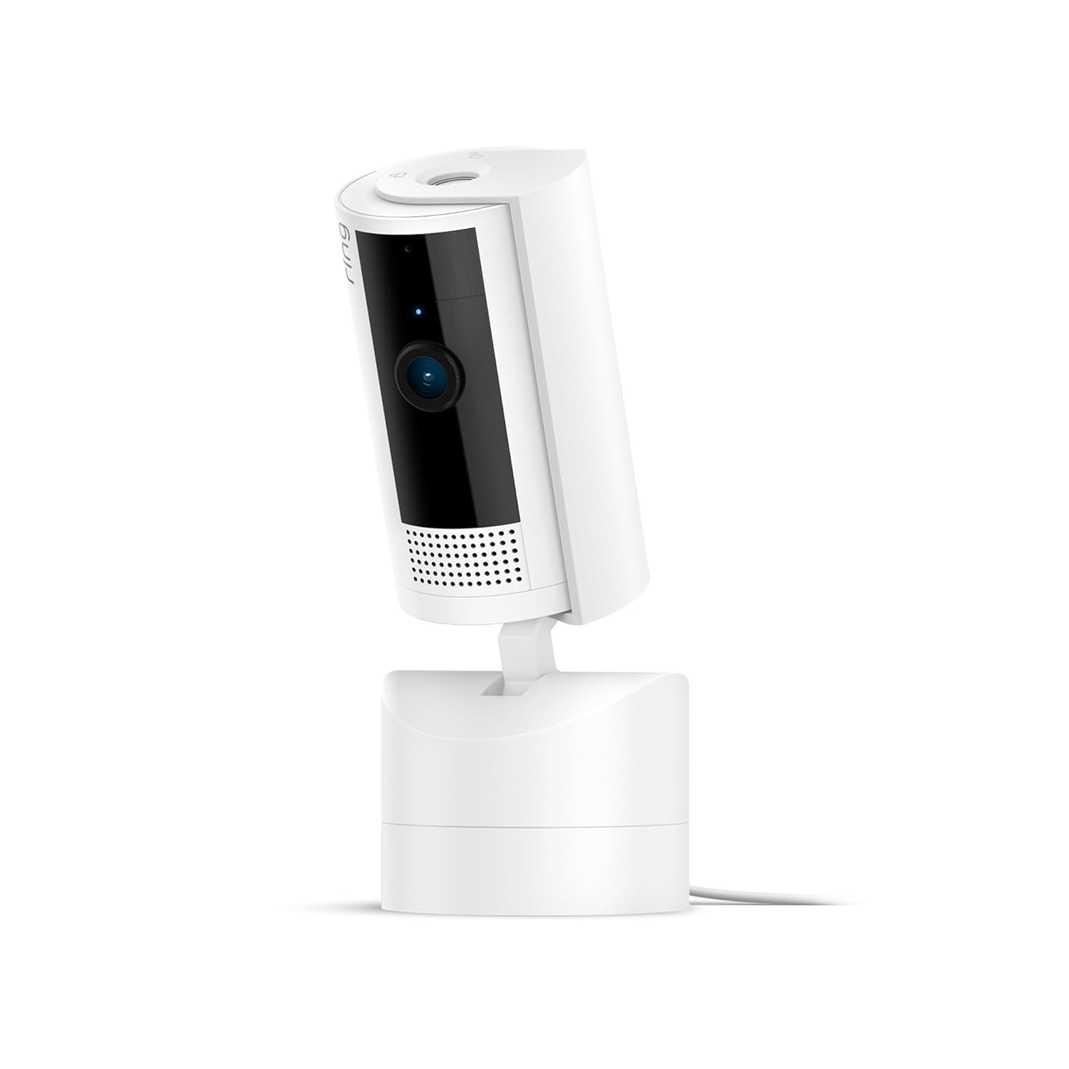 The Ring Pan-Tilt Indoor Cam is a compact white security camera with a black front panel featuring a lens and speaker. It can pan and tilt for enhanced viewing angles and is designed for indoor use.