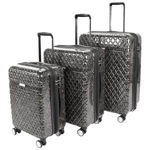A 3-piece set of Kathy Ireland hardside luggage in a glossy, textured, black diamond pattern featuring four spinner wheels, retractable handles, and built-in combination locks.
