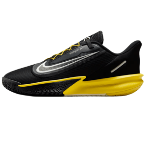 Nike basketball shoe with a black and yellow color scheme, featuring the \“easyon\“ and \“PRECISION 7\“ labels, sleek design, and prominent Swoosh logo.