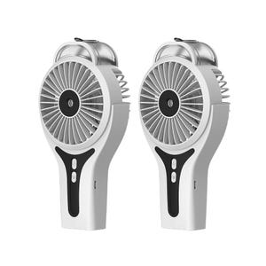 2pk Handheld Misting Fans feature a compact design with fan blades, a misting function, and a handle for easy portability. They have buttons for control on the front and are equipped with a hook for hanging or carrying.