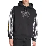 Black hoodie featuring a white spider graphic on the front, with white stripes and flame designs on the sleeves.