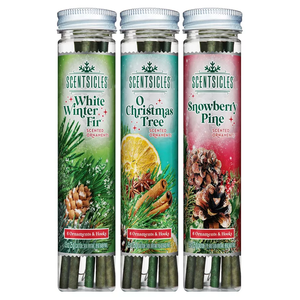 Three scentsicle tubes: White Winter Fir, O Christmas Tree, and Snowberry Pine, each containing six scented ornaments with hooks designed to enhance holiday decor with festive aromas.