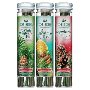 Three scentsicle tubes: White Winter Fir, O Christmas Tree, and Snowberry Pine, each containing six scented ornaments with hooks designed to enhance holiday decor with festive aromas.