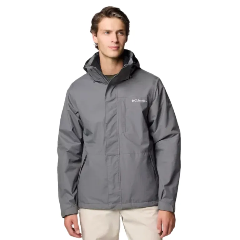 Gray Columbia Interchange Jacket featuring a hood and front zipper, designed for weather protection, with the logo visible on the chest.