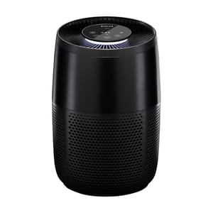A black cylindrical air purifier with a perforated design features a top control panel with touch-sensitive buttons and LED indicators.