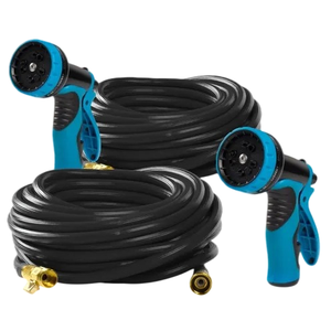 Two garden hoses with black coiled tubing and blue and black spray nozzles, featuring brass connectors.