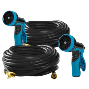 Two garden hoses with black coiled tubing and blue and black spray nozzles, featuring brass connectors.