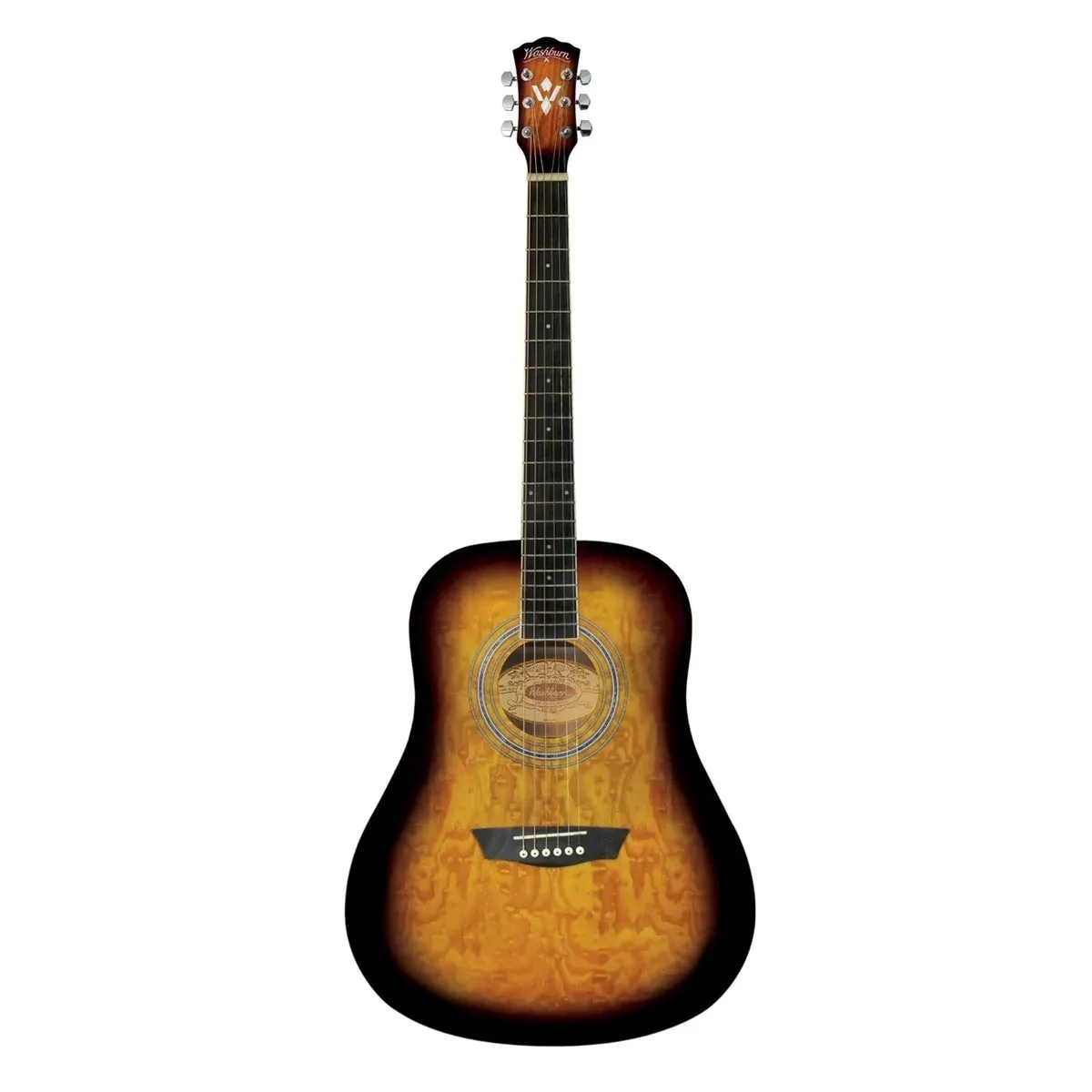A Washburn acoustic guitar with a sunburst finish, featuring a classic dreadnought body, six strings, and a cutaway design. The headstock has chrome tuning pegs, and the fretboard has dot inlays.