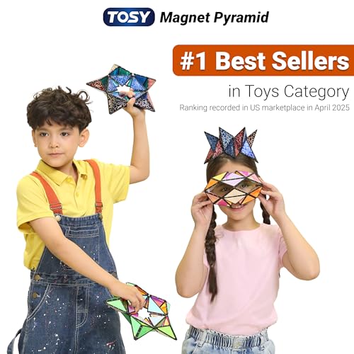 TOSY Magnet Pyramid is displayed as a #1 Best Seller in the Toys Category, featuring children playing with colorful geometric magnetic shapes. Ranking noted for April 2025.