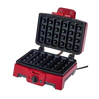 Red waffle maker with a rectangular grid design, featuring a temperature control knob and indicator lights on the front.