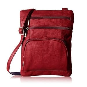 A red leather crossbody bag with multiple zippered compartments and an adjustable strap is shown.