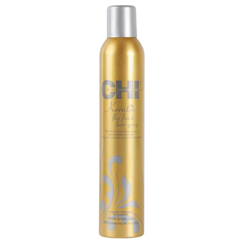 CHI Keratin Flex Finish Hair Spray in a gold and silver can.
