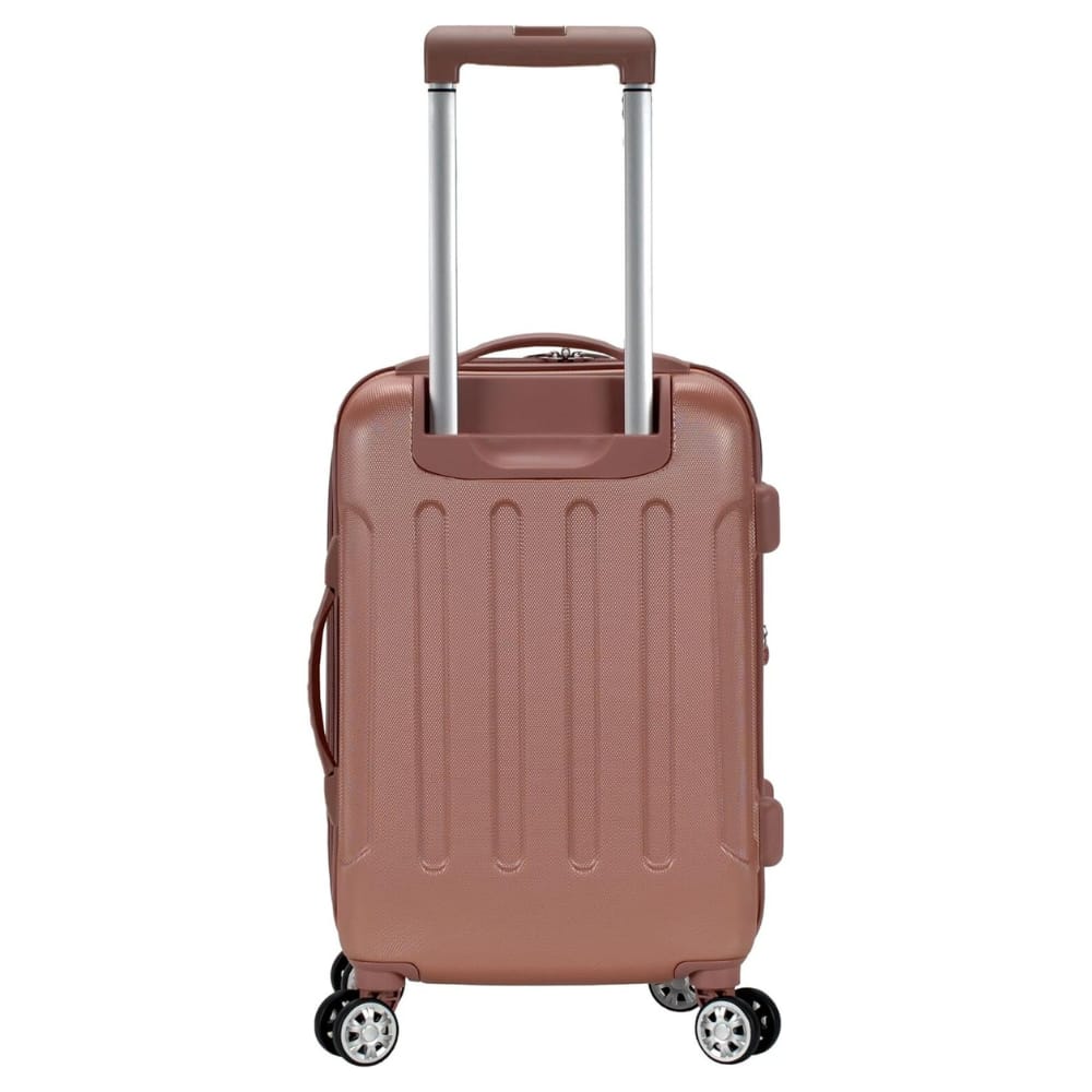 A rose gold hard-shell suitcase with a telescopic handle and four multi-directional spinner wheels for easy mobility.
