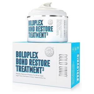 Boldplex Bond Restore Treatment cream and its packaging, promoting hair repair for all types and free from parabens and sulfates.