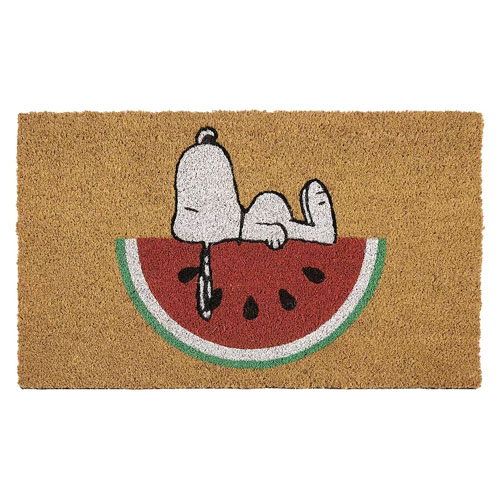A doormat featuring a character reclining on a slice of watermelon, set against a natural brown background.