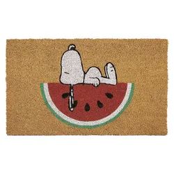 A doormat featuring a character reclining on a slice of watermelon, set against a natural brown background.