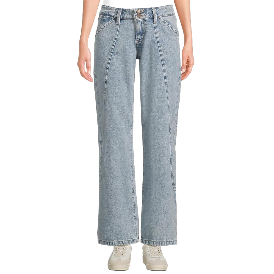 Levi's Superlow Seamed Jeans are light blue denim with unique seam detailing, featuring a low-rise waist and a wide-leg fit, styled with white sneakers.