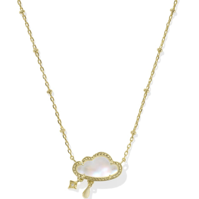 Gold necklace featuring a cloud-shaped pendant with a mother-of-pearl and diamond accents, adorned with a teardrop and small star charm.