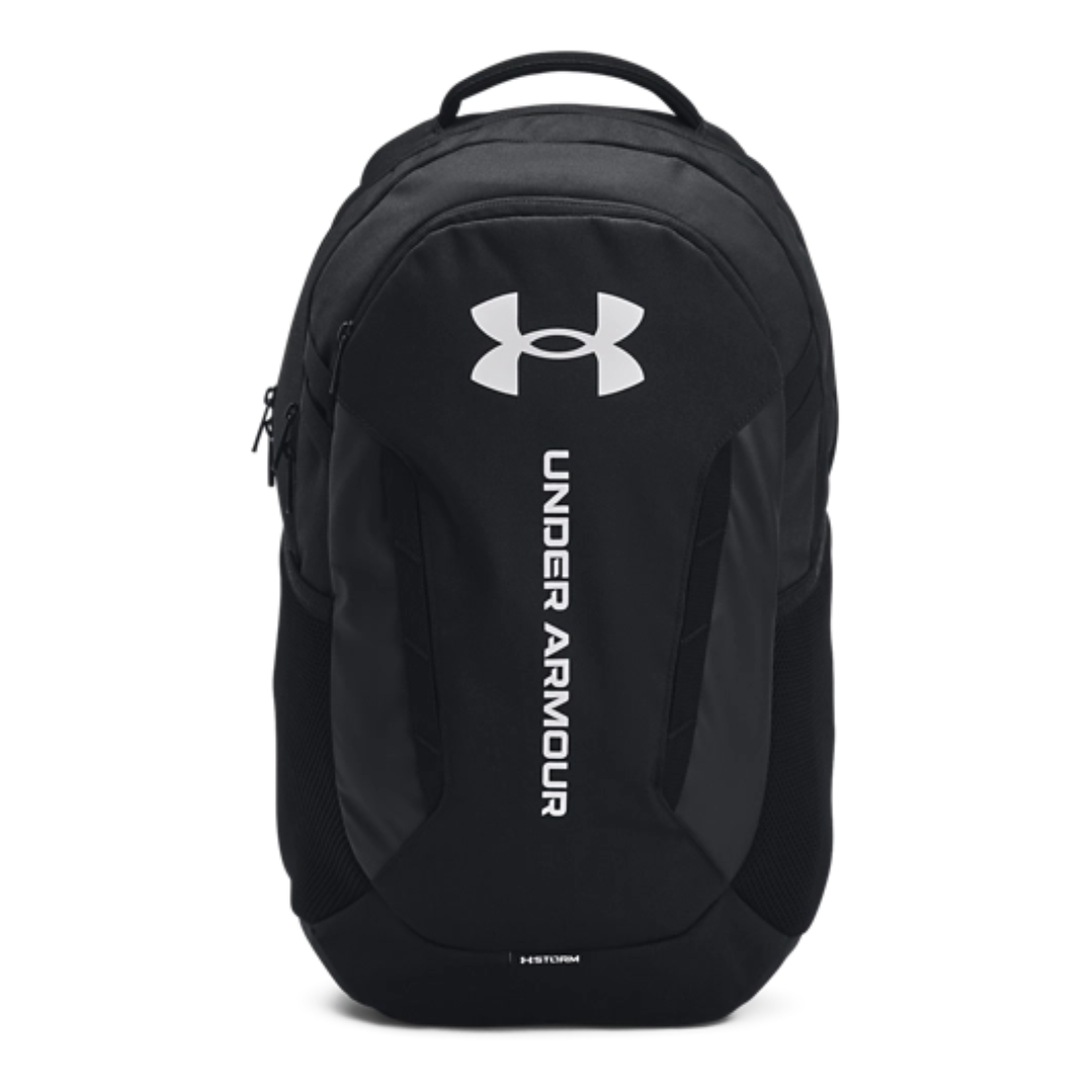 A black Under Armour backpack featuring the brand logo and name vertically on the front.