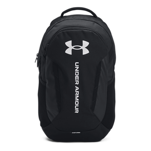 A black Under Armour backpack featuring the brand logo and name vertically on the front.