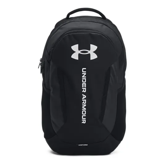 A black Under Armour backpack featuring the brand logo and name vertically on the front.