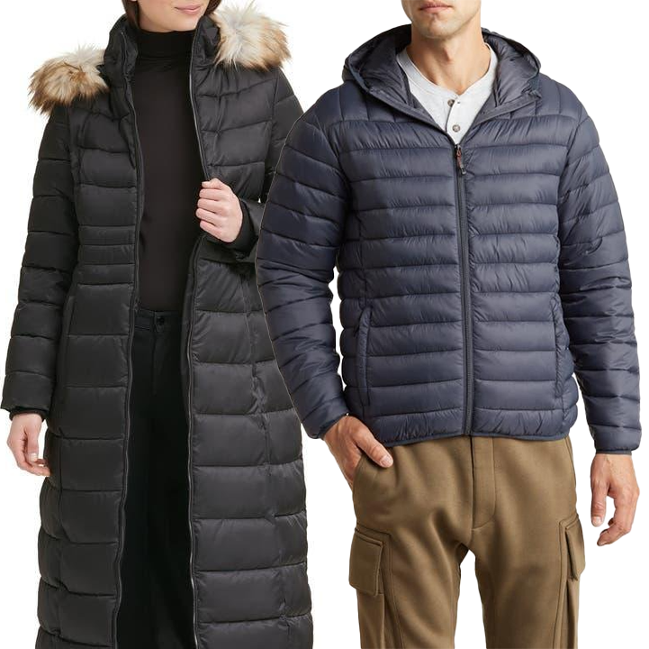 A woman in a long black puffer coat with fur-lined hood and a man in a short navy puffer jacket.