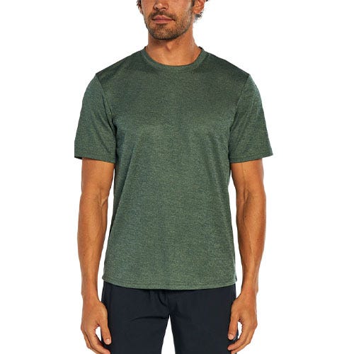 A man in a green short-sleeve athletic T-shirt paired with dark shorts.