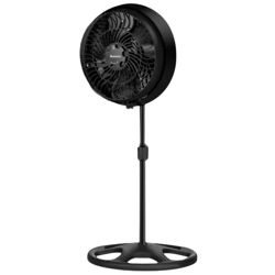 A black oscillating pedestal fan with a circular base and adjustable height.