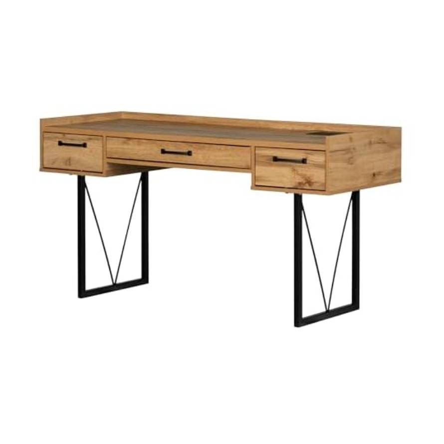 A wooden desk with three drawers and two metal A-frame legs, featuring a sleek, modern design.