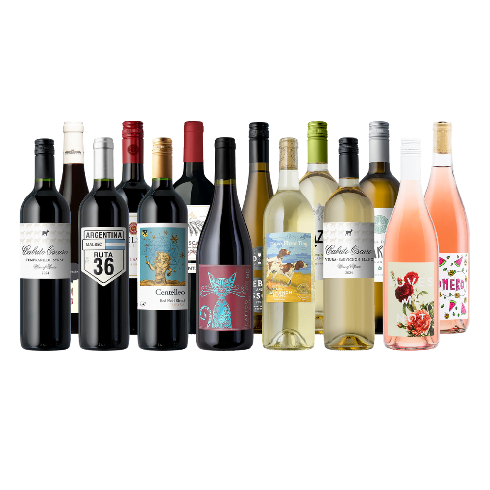 A collection of twelve wine bottles including red, white, and rosé varieties from various brands, displaying diverse labels and designs.