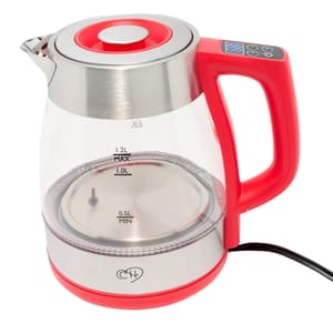 Electric kettle with a red handle and base, stainless steel top, and clear glass body displaying water level indicators ranging from 0.5L to 1.2L.