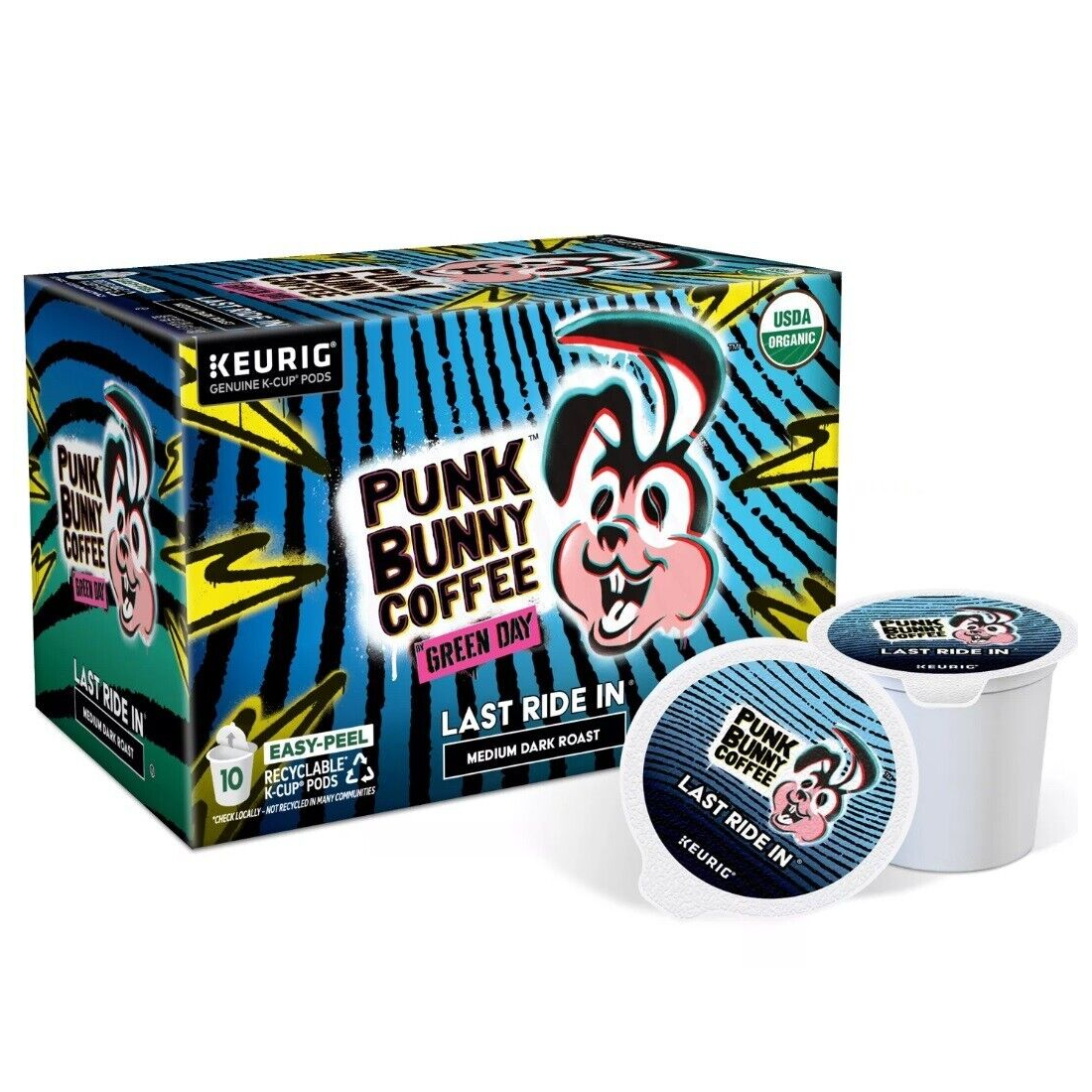 Keurig K-Cup pods labeled \“Punk Bunny Coffee\“ featuring a cartoon bunny, named 'Last Ride In,' with a medium dark roast and USDA organic certification, in a colorful box of 20.