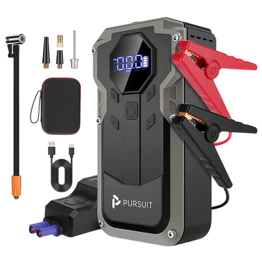 Portable car jump starter and air compressor kit with display, jumper cables, various nozzles, USB charging cable, and carrying case.