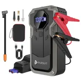 Portable car jump starter and air compressor kit with display, jumper cables, various nozzles, USB charging cable, and carrying case.